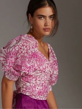 Maeve Pink and white print Puff-Sleeve Blouse